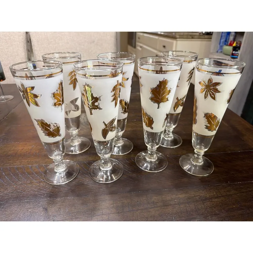 MCM Vintage 1960s Libbey Frosted Tom Collins Glass Gold Foliage Pattern 7